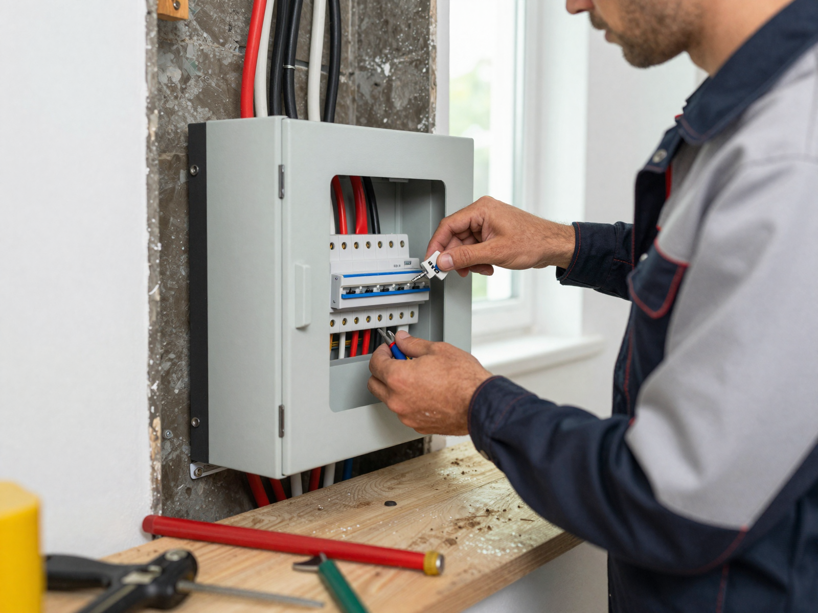 Electrician installing modern electrical panel in a residential basement