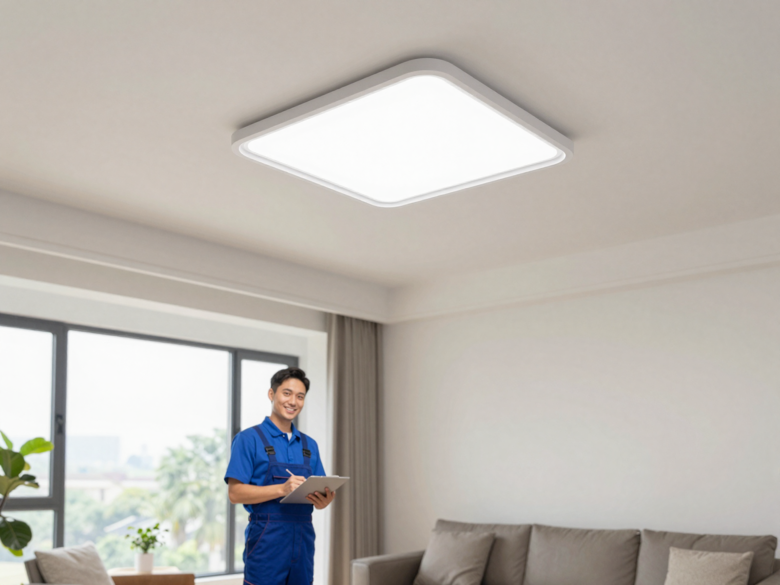 Recently installed LED ceiling fixture in a modern home